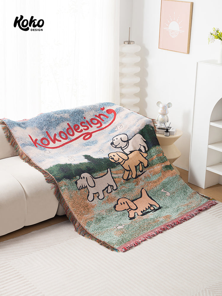 Veramou Free Spirit Pups Knit Tassel Throw Blanket – Vintage Woven Sofa & Wall Tapestry