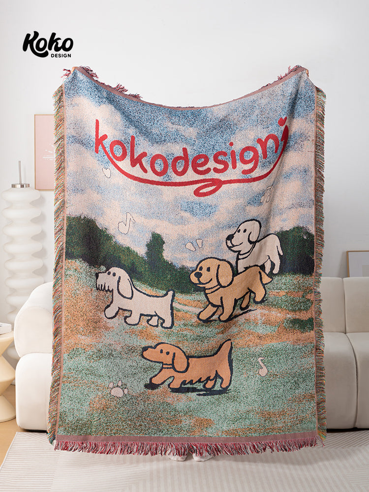 Veramou Free Spirit Pups Knit Tassel Throw Blanket – Vintage Woven Sofa & Wall Tapestry
