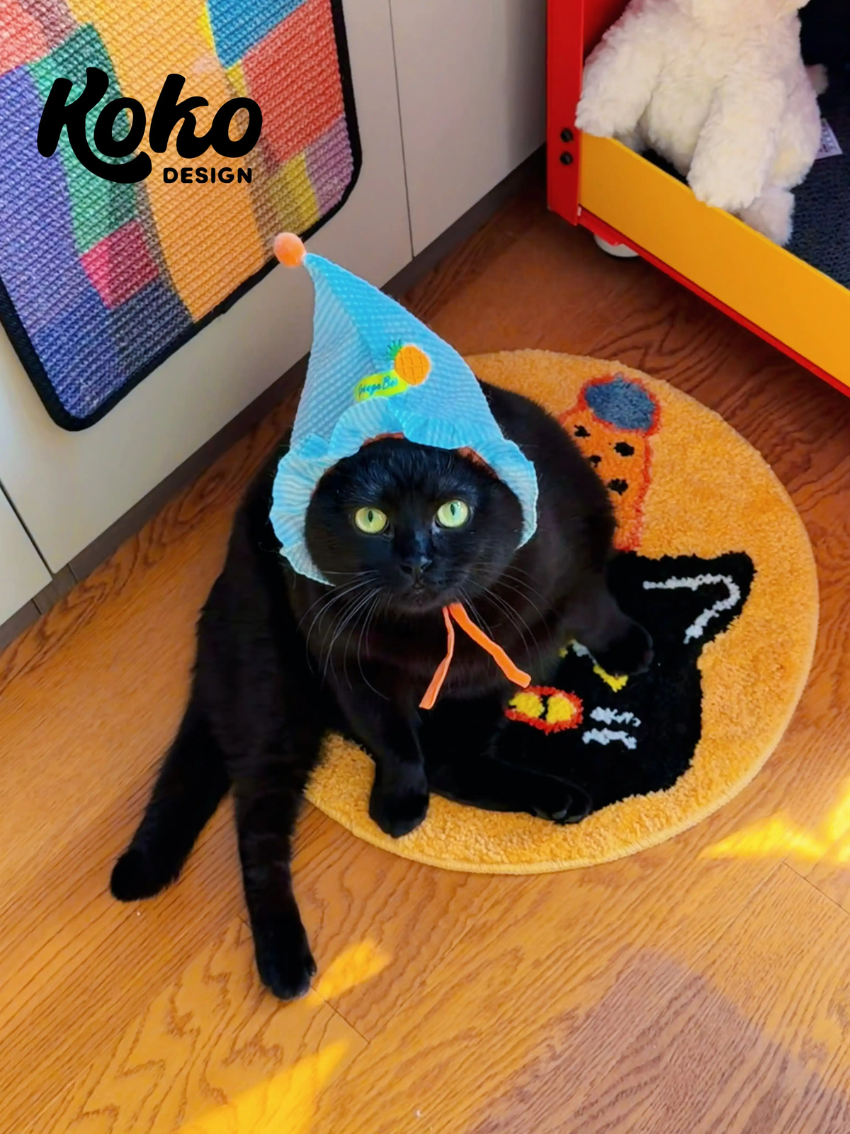 Veramou Party Void Round Tufted Rug – Black Cat Party Hat Flocked Doormat & Pet Mat 18"