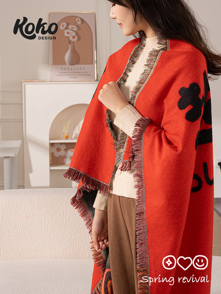 Veramou Super Pony Jacquard Tassel Blanket – Lucky Red Woven Throw 63" x 51"
