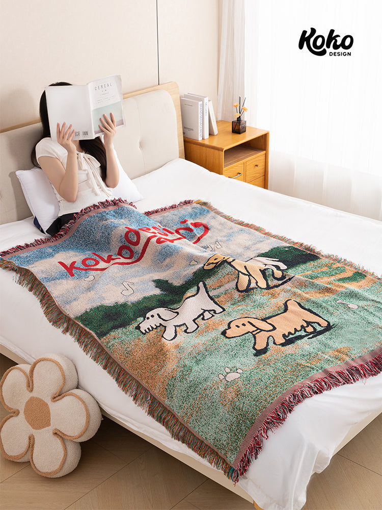 Veramou Free Spirit Pups Knit Tassel Throw Blanket – Vintage Woven Sofa & Wall Tapestry