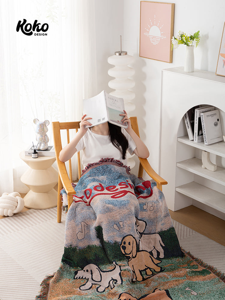 Veramou Free Spirit Pups Knit Tassel Throw Blanket – Vintage Woven Sofa & Wall Tapestry