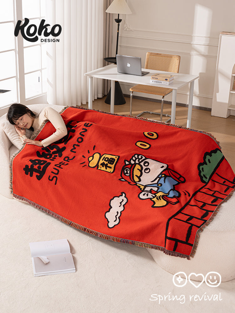 Veramou Super Pony Jacquard Tassel Blanket – Lucky Red Woven Throw 63" x 51"