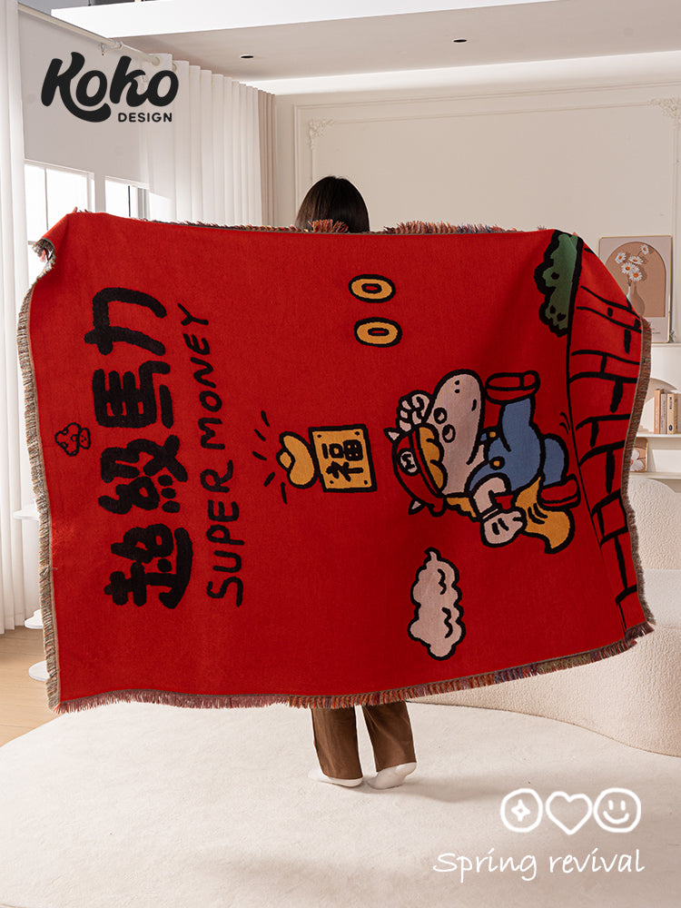 Veramou Super Pony Jacquard Tassel Blanket – Lucky Red Woven Throw 63" x 51"
