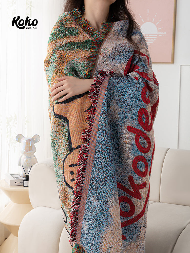 Veramou Free Spirit Pups Knit Tassel Throw Blanket – Vintage Woven Sofa & Wall Tapestry